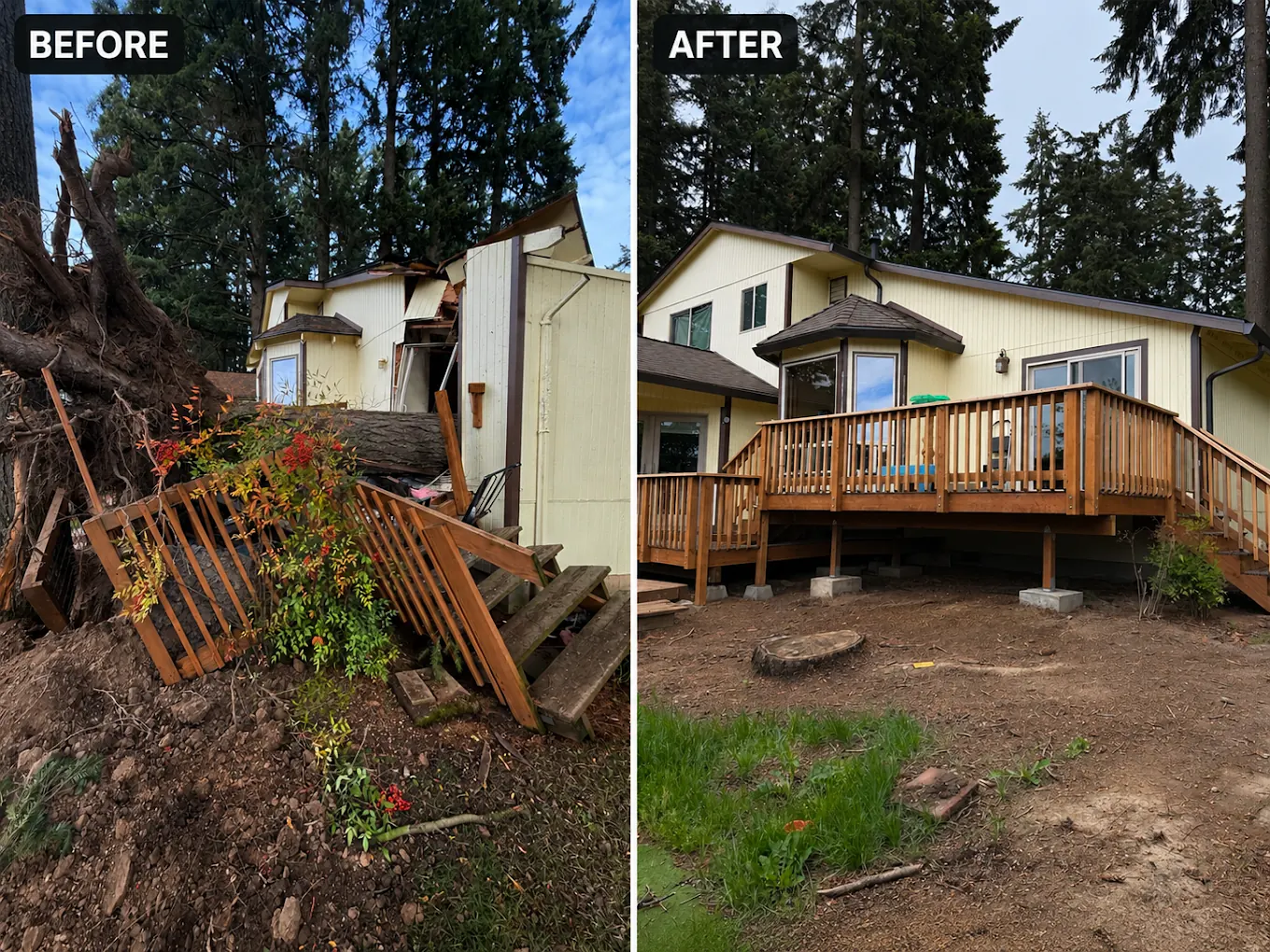 Deck rebuild — before and after storm-damaged deck restored