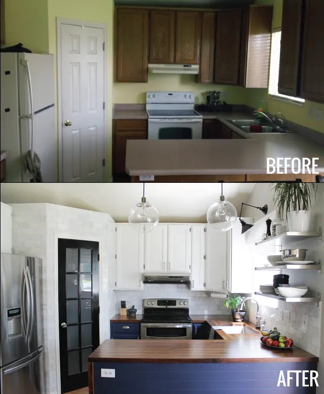 Kitchen remodel before and after — white cabinets and butcher block island