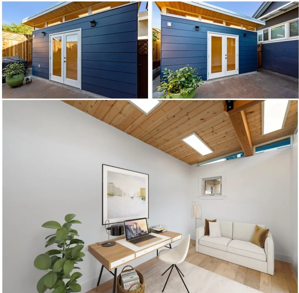 Garage converted into a functional living space with office and lounge